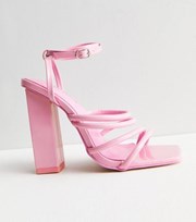Public Desire Pink Leather-Look 2 Part Square Toe Block Heel Sandals